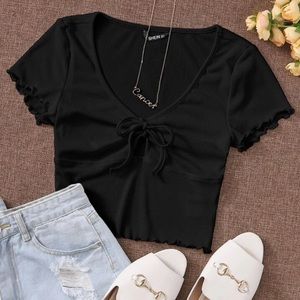 Lettuce Trim Tie Front Rib-Knit Peekaboo Top
